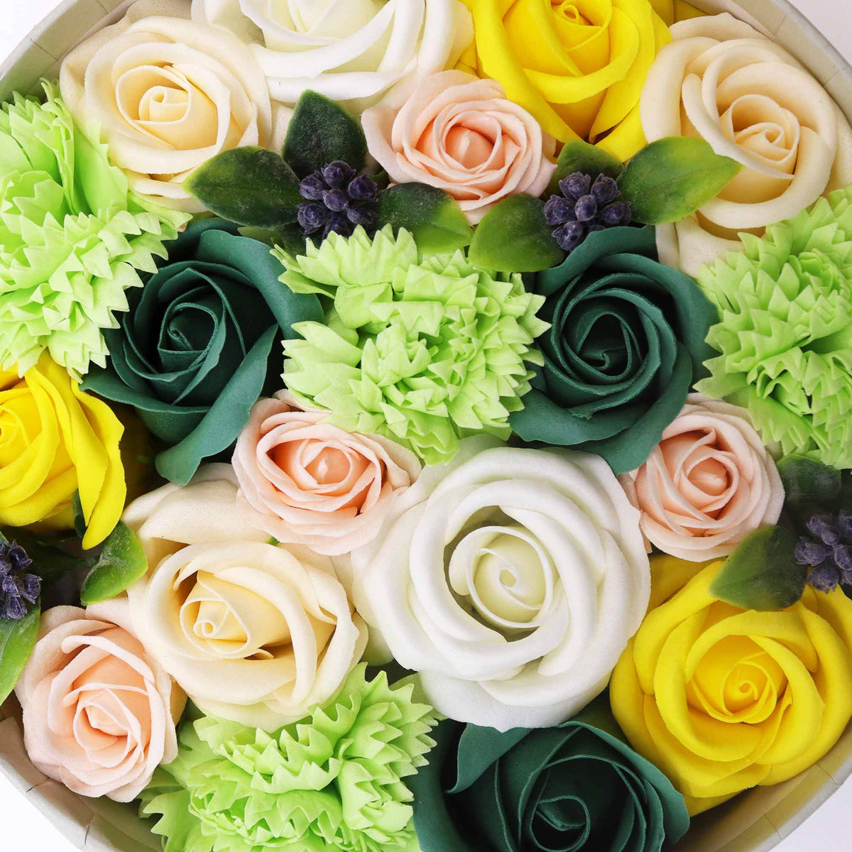 Luxury Soap Flowers - Round - Yellows and Greens, close-up of yellow, cream, peach, pale green and dark green blooms, by Quintessential Holistic Health Ltd