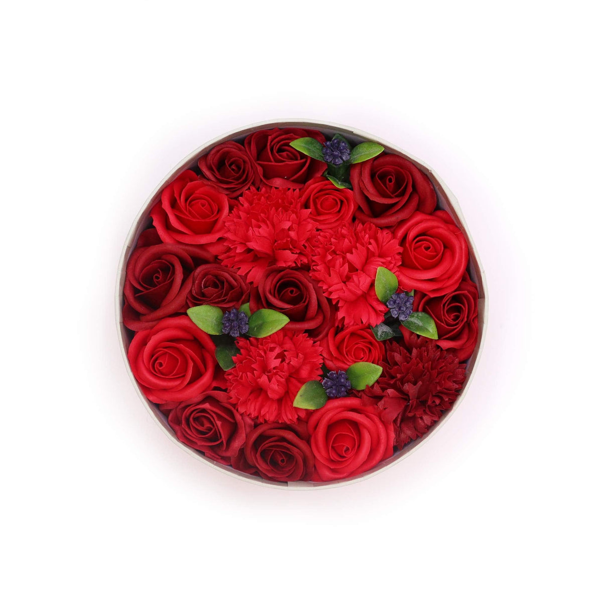 Luxury Soap Flowers - Round - Classic Reds, round display of tightly arranged red flowers with green leaves and dark berries, by Quintessential Holistic Health Ltd