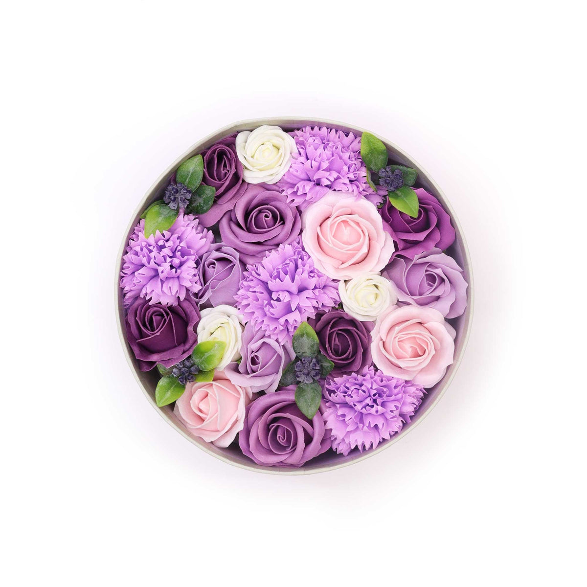 Luxury Soap Flowers - Round - Purples, circular display of purple, lilac, pink and cream blooms with green leaves, by Quintessential Holistic Health Ltd