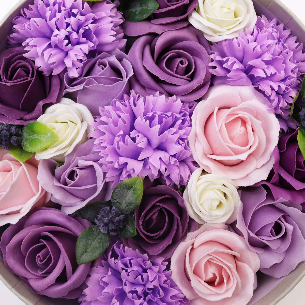 Luxury Soap Flowers - Round - Purples, close-up of purple, lilac, pale pink and cream blooms with green leaves, by Quintessential Holistic Health Ltd