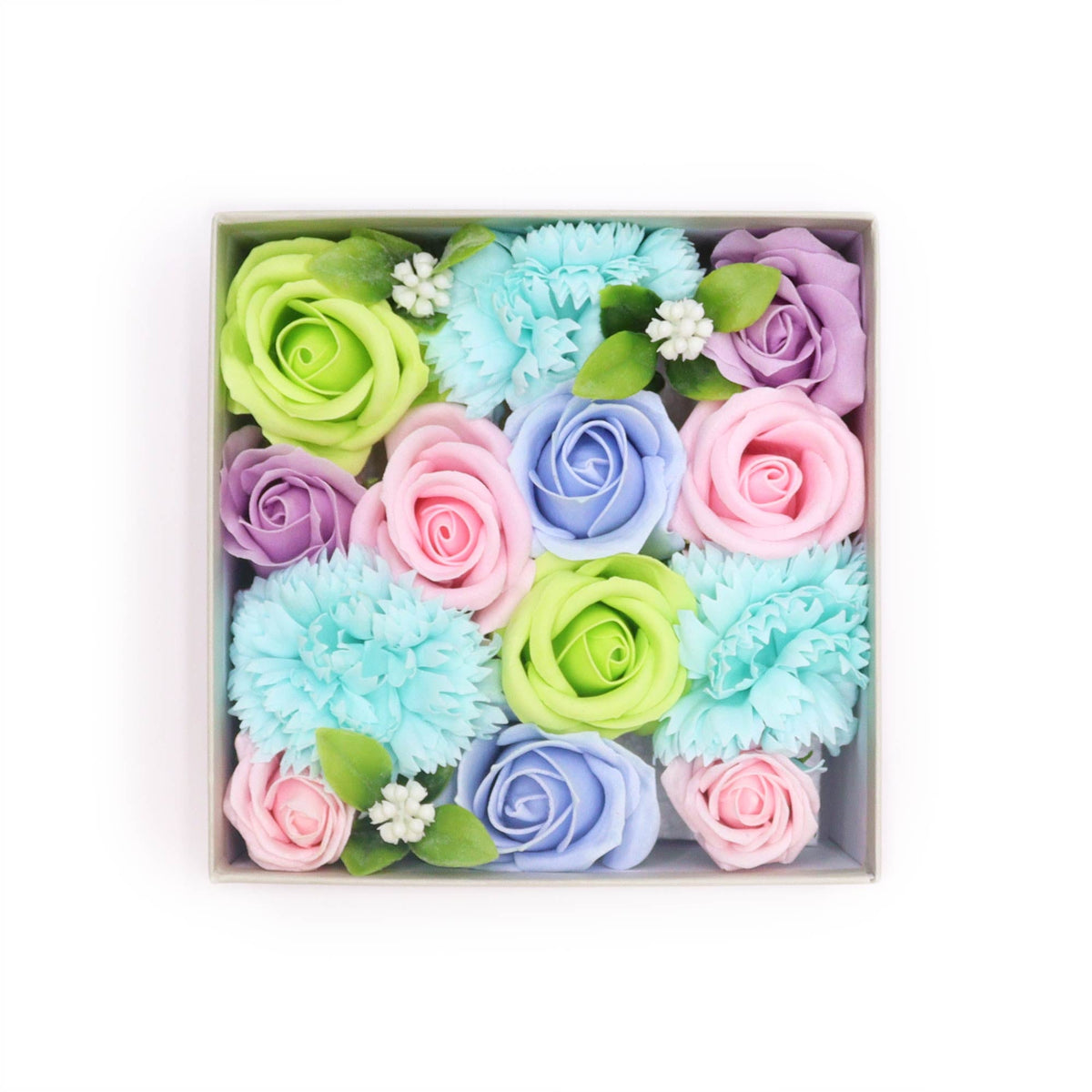 Luxury Soap Flowers - Square - Blues, arranged with blue carnations, green and lilac roses, pink buds, white accents and leaves, by Quintessential Holistic Health Ltd