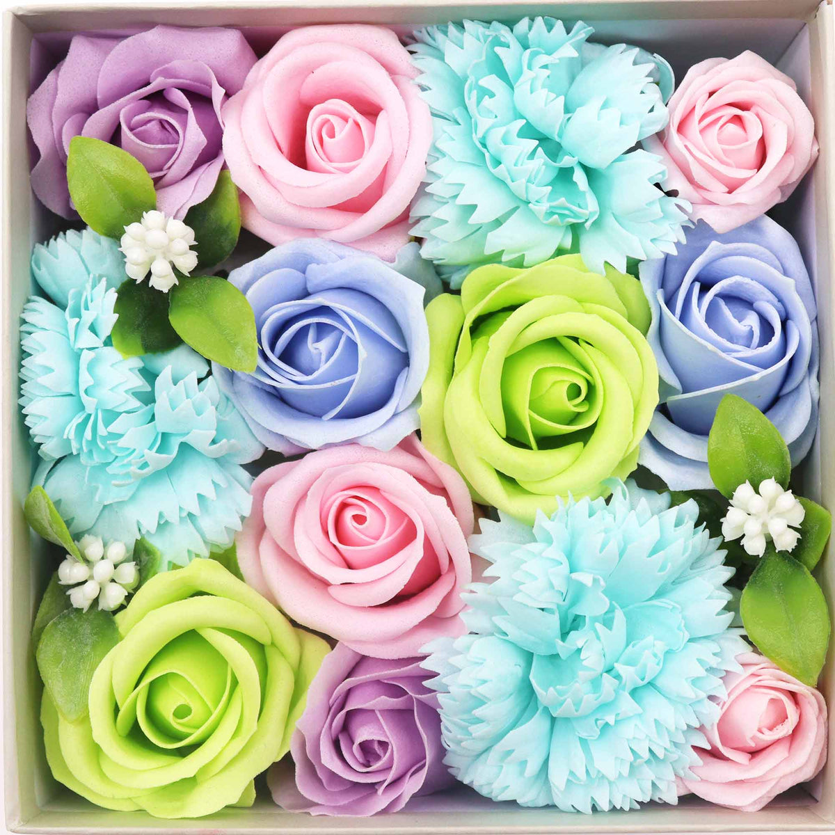Luxury Soap Flowers - Square - Blues, featuring large aqua carnations and pastel green, pink, lilac and blue roses, by Quintessential Holistic Health Ltd
