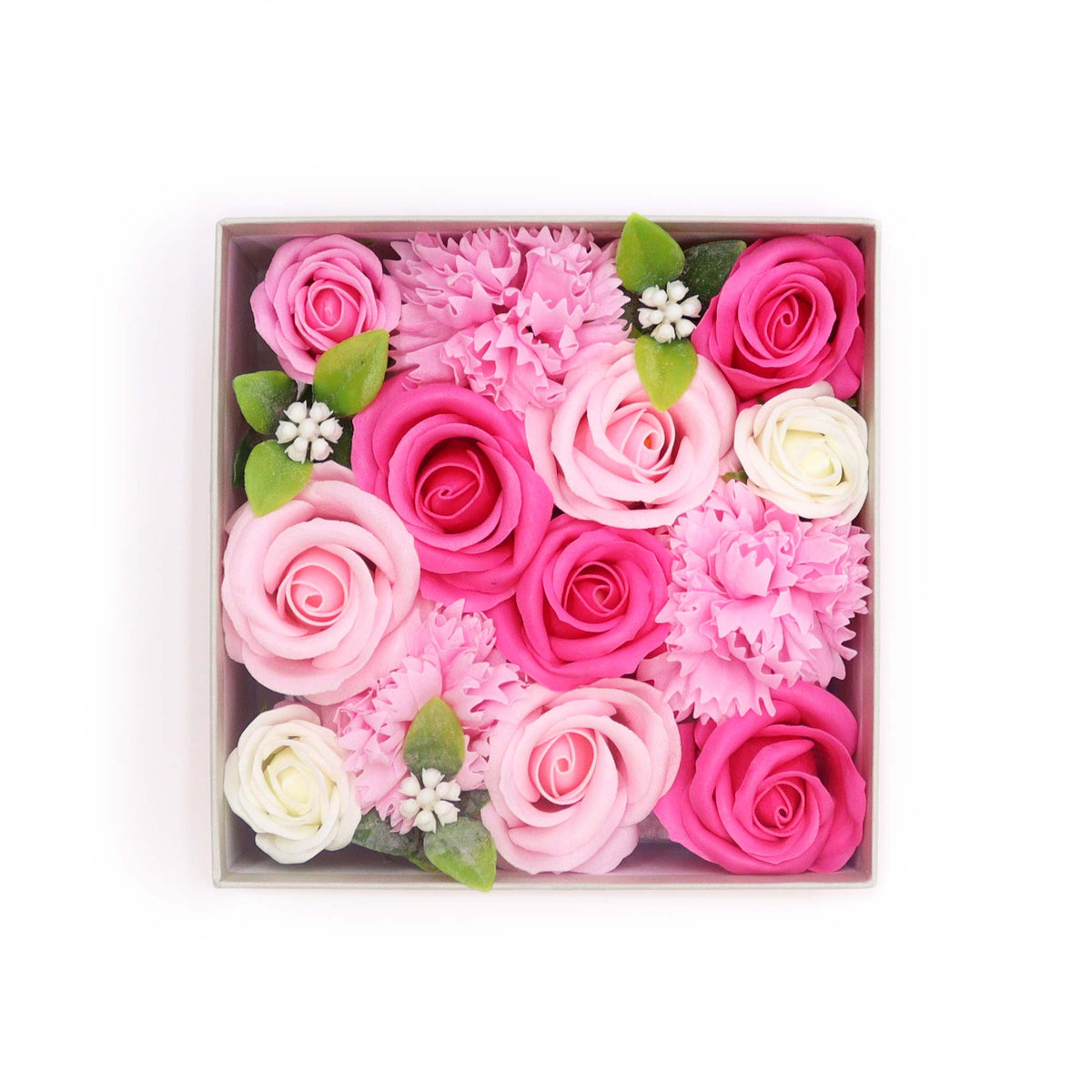 Luxury Soap Flowers - Square - Pinks, arranged with bright pink, blush and cream roses, pink carnations, white accents and green leaves, by Quintessential Holistic Health Ltd