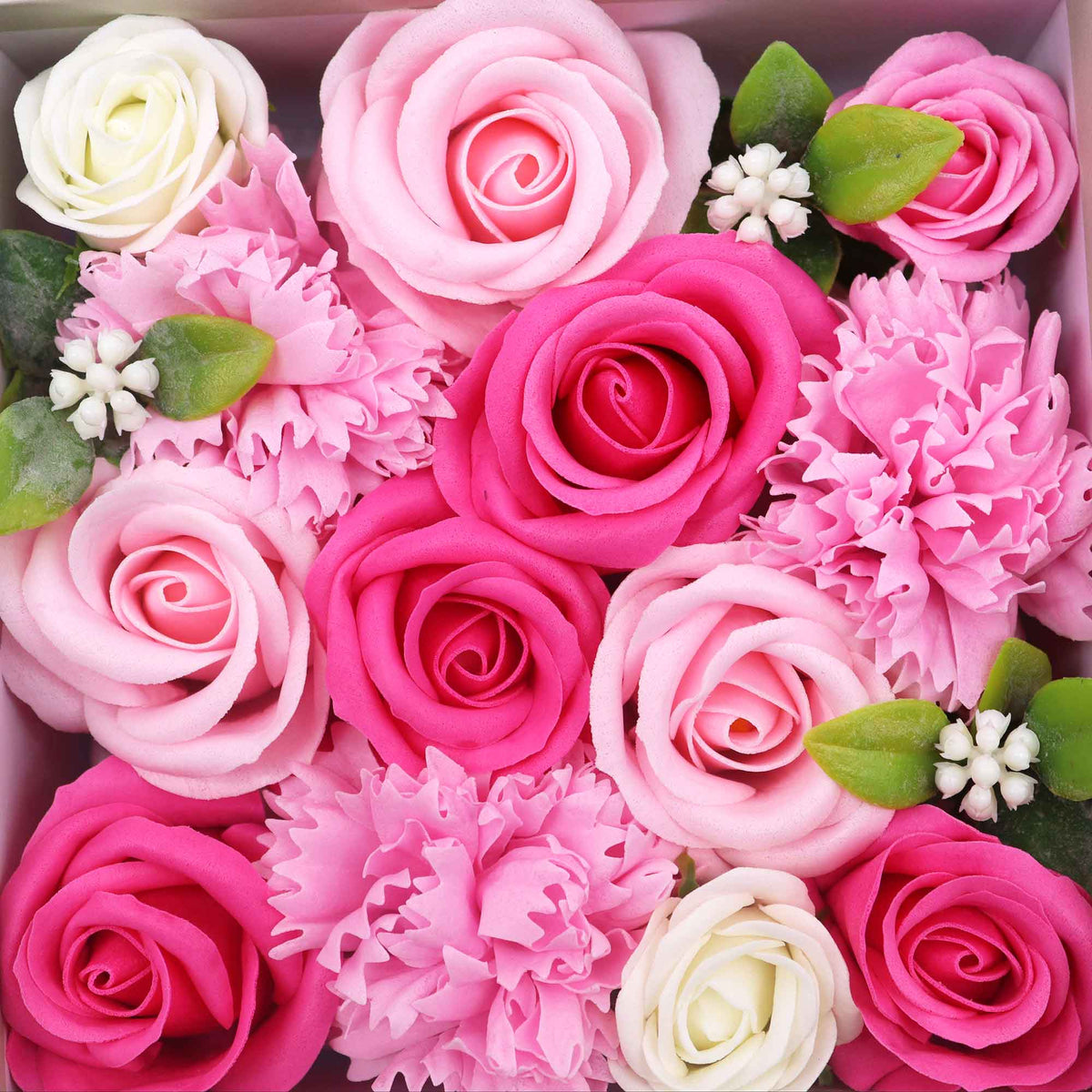 Luxury Soap Flowers - Square - Pinks, featuring tightly arranged hot pink, blush and cream roses with pink carnations and green leaves, by Quintessential Holistic Health Ltd