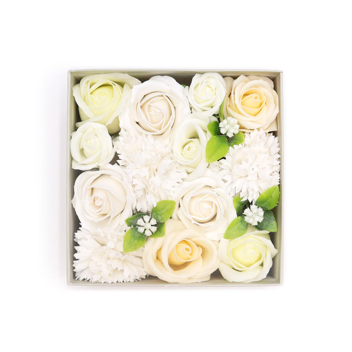 Luxury Soap Flowers - Square - Whites and Ivory arranged with ivory roses, white textured flowers and scattered green leaves by Quintessential Holistic Health Ltd