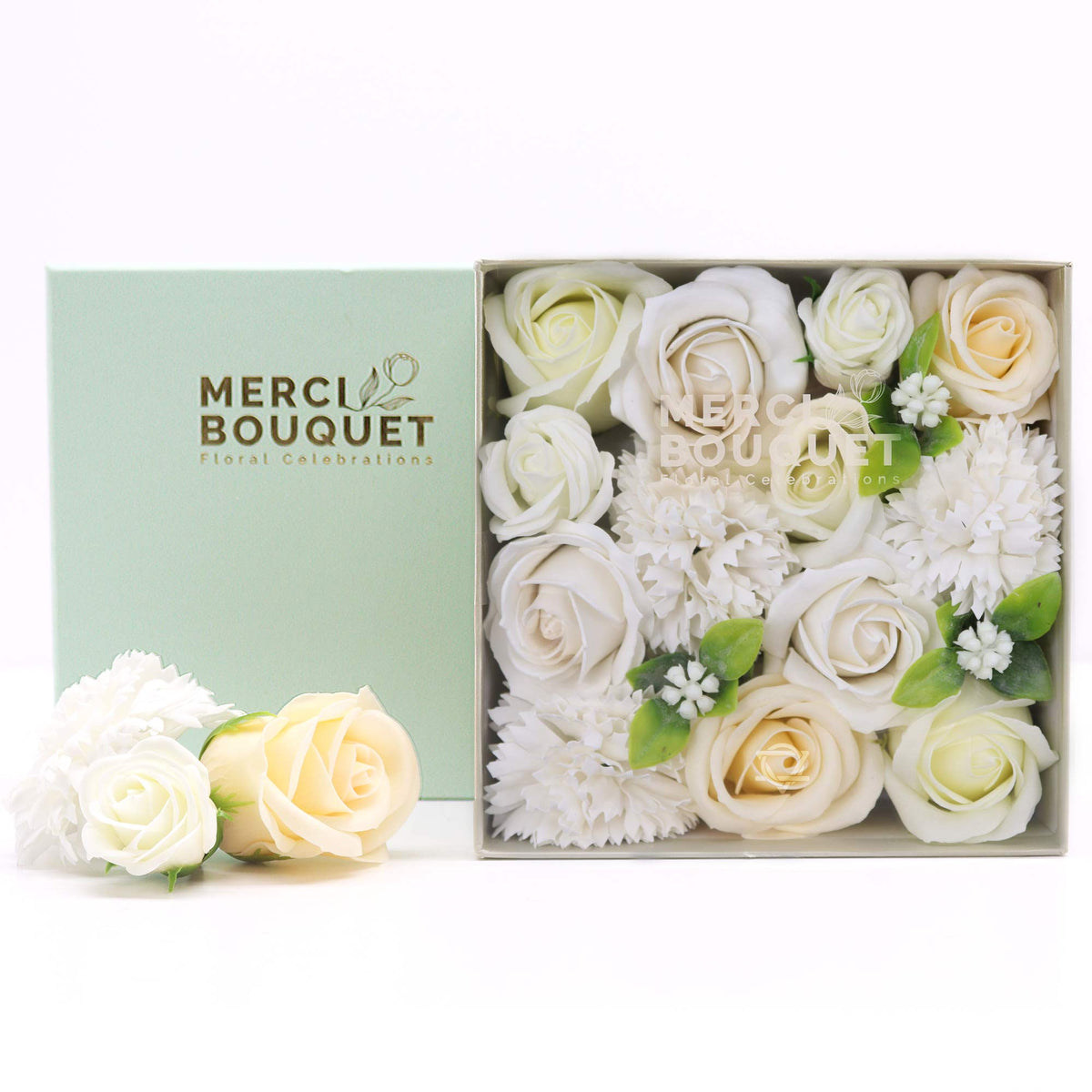 Luxury Soap Flowers - Square - Whites and Ivory with ivory roses and white blooms beside a pale green lid and loose roses by Quintessential Holistic Health Ltd