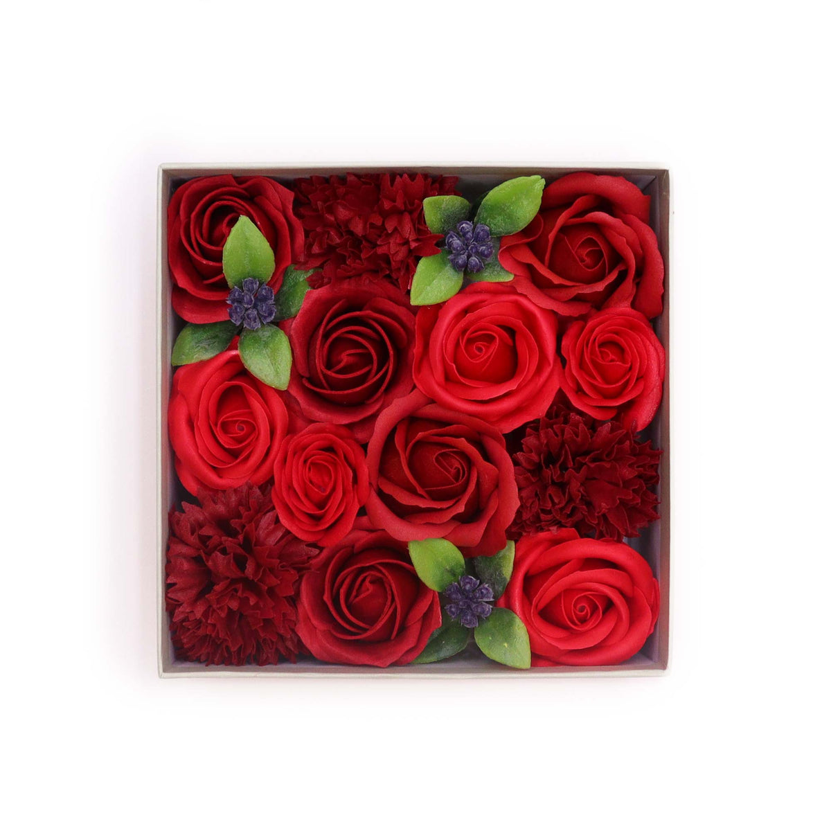Luxury Soap Flowers - Square - Classic Reds, arranged with deep red roses, textured red flowers, green leaves and dark berries, by Quintessential Holistic Health Ltd