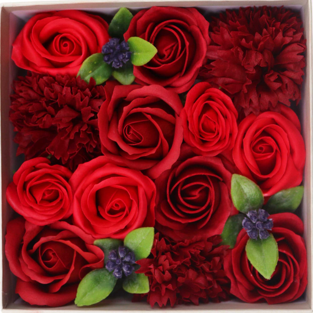 Luxury Soap Flowers - Square - Classic Reds, featuring large red roses, dark red carnations, green leaves and dark berry accents, by Quintessential Holistic Health Ltd