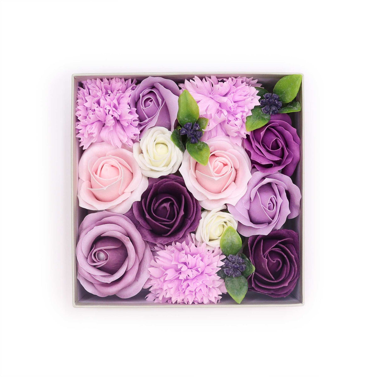 Luxury Soap Flowers - Square - Purples arranged with lilac, blush, cream and deep purple roses, green leaves and dark berries by Quintessential Holistic Health Ltd