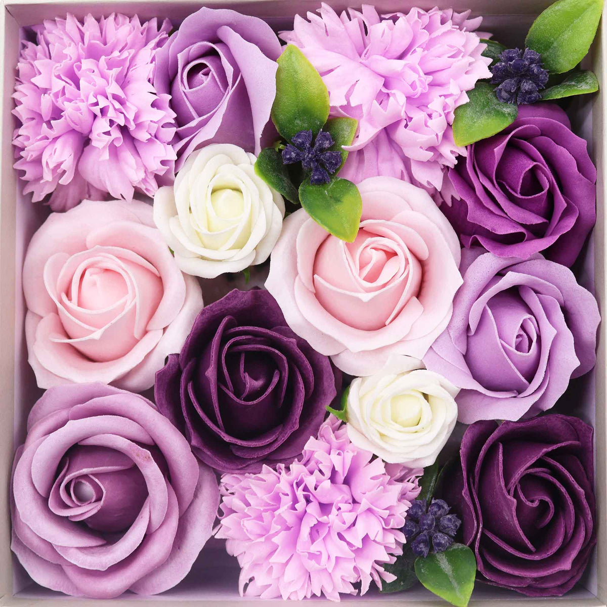 Luxury Soap Flowers - Square - Purples featuring large lavender, pink, cream and plum roses with lilac carnations by Quintessential Holistic Health Ltd