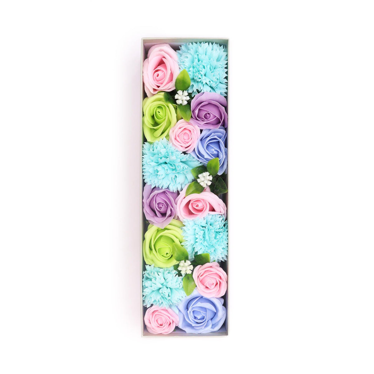 Luxury Soap Flowers - Long - Blues showing a narrow arrangement of pastel blue, pink, green and purple flowers by Quintessential Holistic Health Ltd