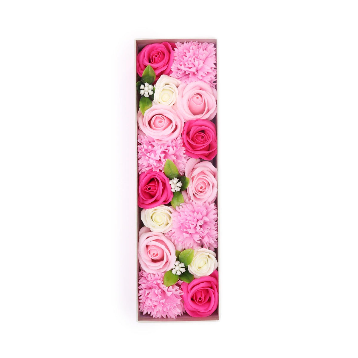 Luxury Soap Flowers - Long - Pinks showing a narrow arrangement of pale and vivid pink flowers with cream and green accents by Quintessential Holistic Health Ltd