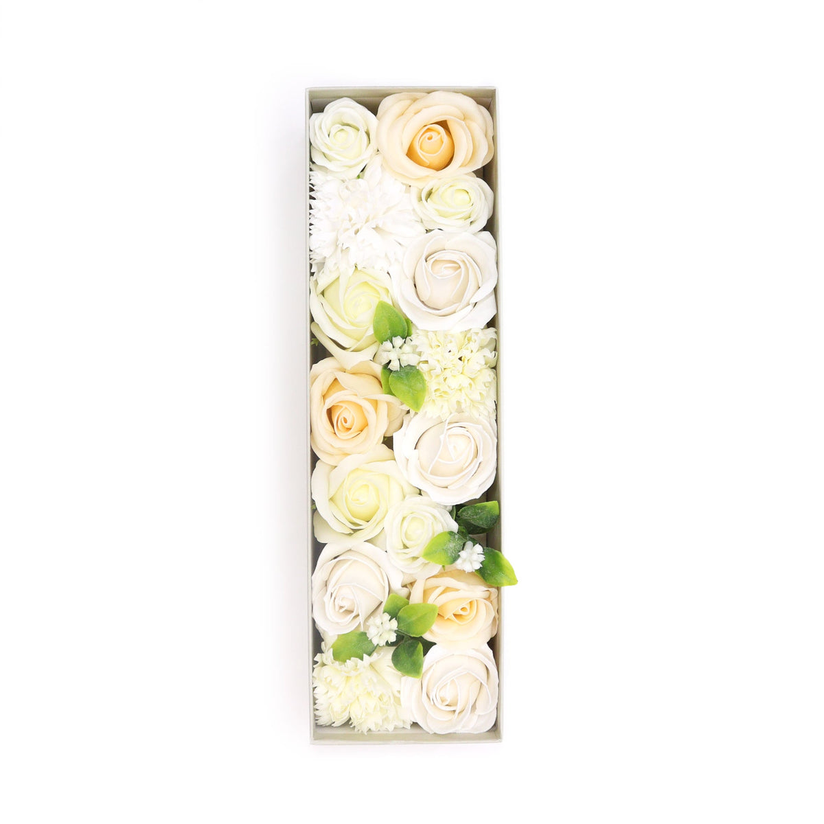 Luxury Soap Flowers - Long - Whites and Ivory, with rows of cream roses, white blossoms and green leaves in a narrow box, by Quintessential Holistic Health Ltd