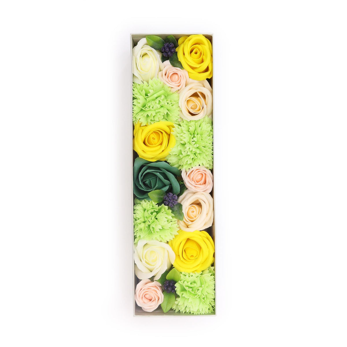 Luxury Soap Flowers - Long - Yellows and Greens, with yellow, green, cream and peach flowers in a narrow rectangular arrangement, by Quintessential Holistic Health Ltd
