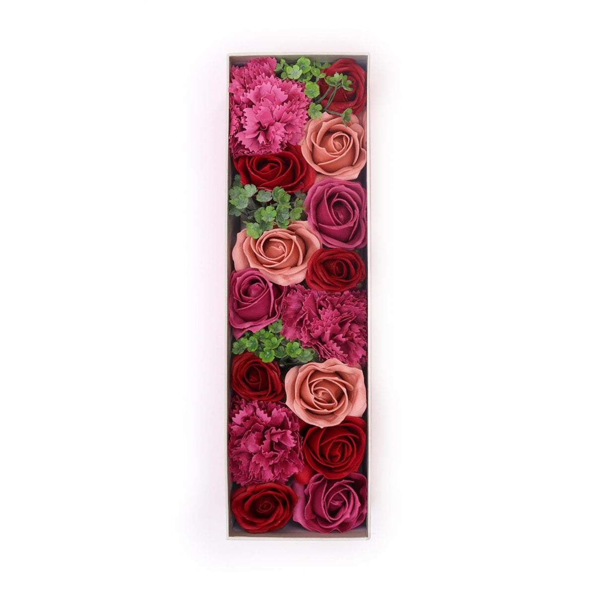 Luxury Soap Flowers - Long - Vintage Reds, with burgundy, coral and dusty-pink flowers in a narrow rectangular arrangement, by Quintessential Holistic Health Ltd