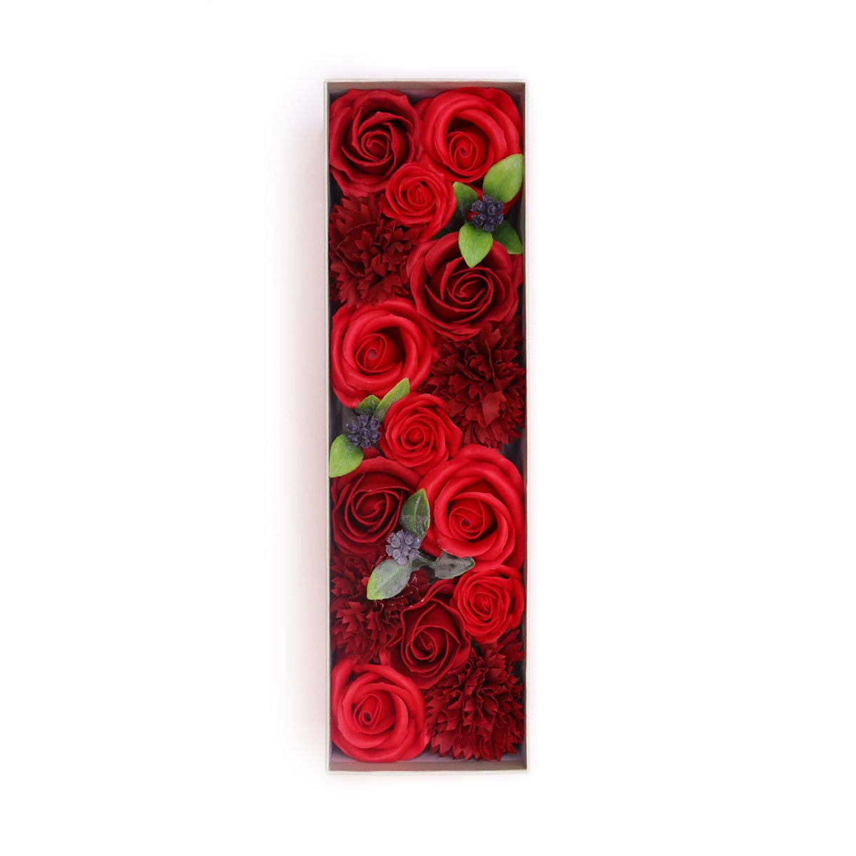 Luxury Soap Flowers - Long - Classic Reds showing a narrow arrangement of deep red flowers with green leaves by Quintessential Holistic Health Ltd