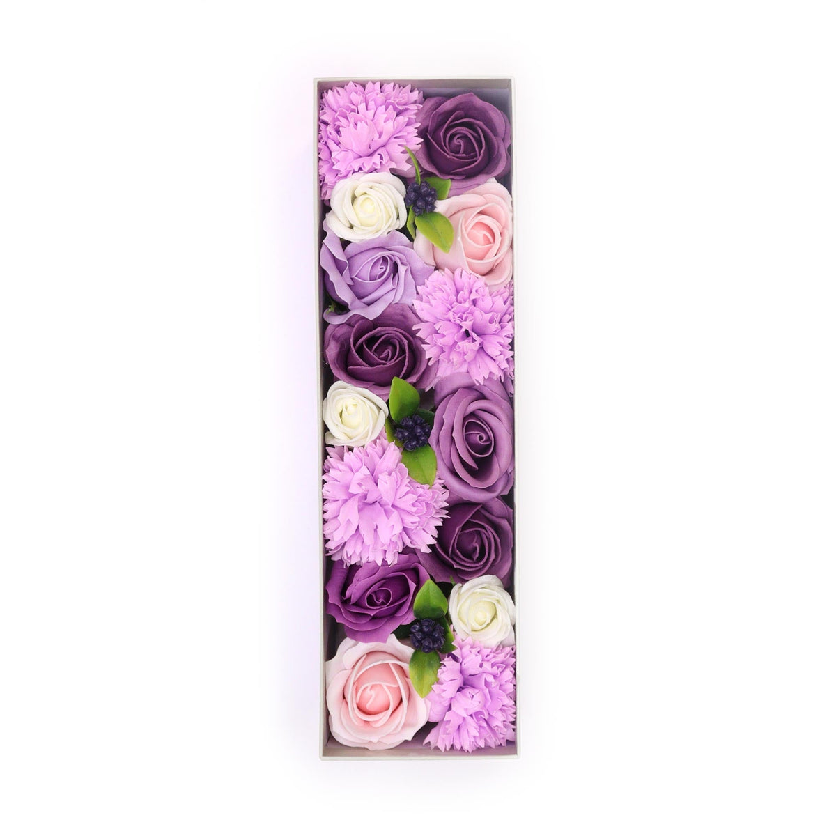 Luxury Soap Flowers - Long - Purples, with purple, lilac, pale pink and cream flowers in a narrow rectangular arrangement, by Quintessential Holistic Health Ltd