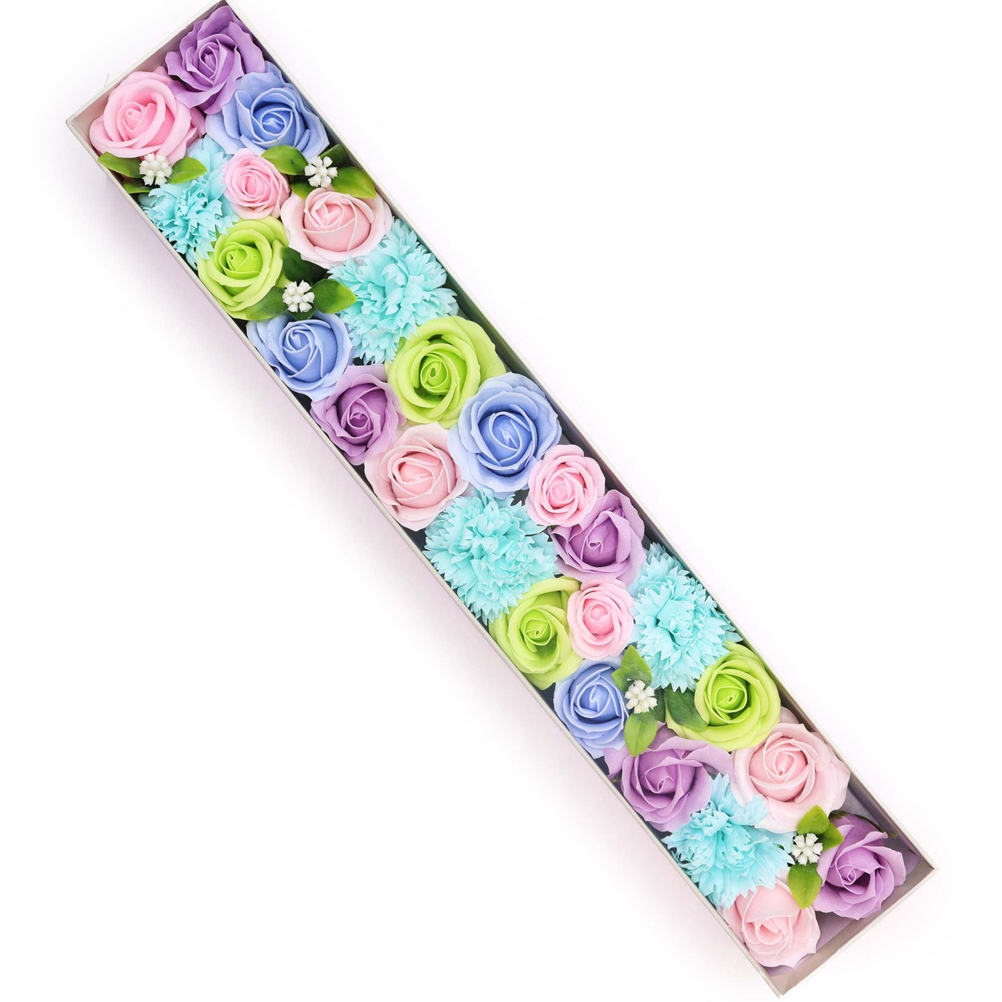 Luxury Soap Flowers - Extra Long - Blues, with rows of pastel blue, lilac, pink and green blooms in a long open box by Quintessential Holistic Health Ltd