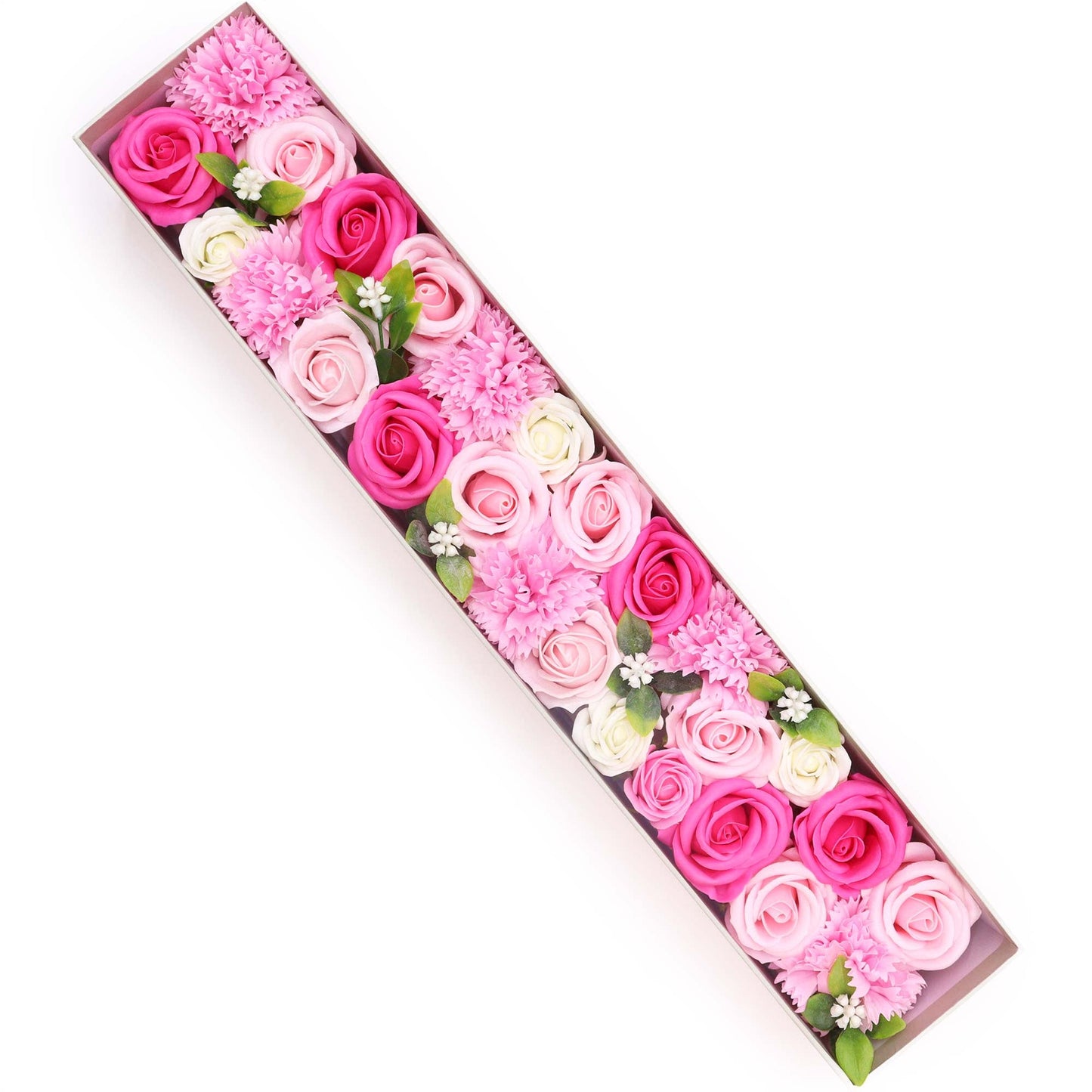 Luxury Soap Flowers - Extra Long - Pinks, with densely arranged bright pink, blush and white blooms in a long open box by Quintessential Holistic Health Ltd