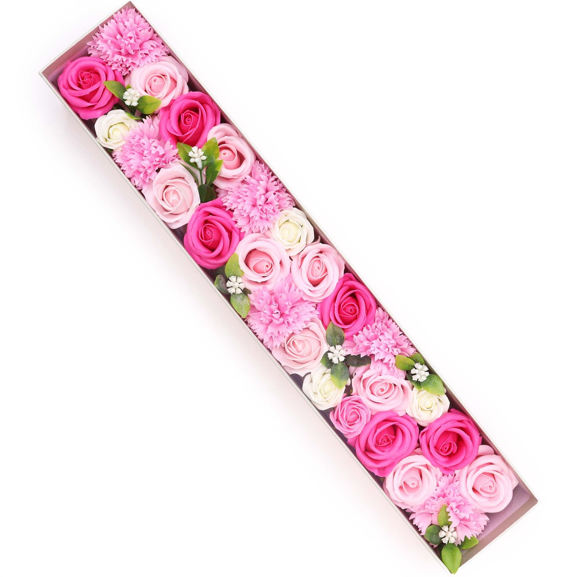 Luxury Soap Flowers - Extra Long - Pinks, with densely arranged bright pink, blush and white blooms in a long open box by Quintessential Holistic Health Ltd