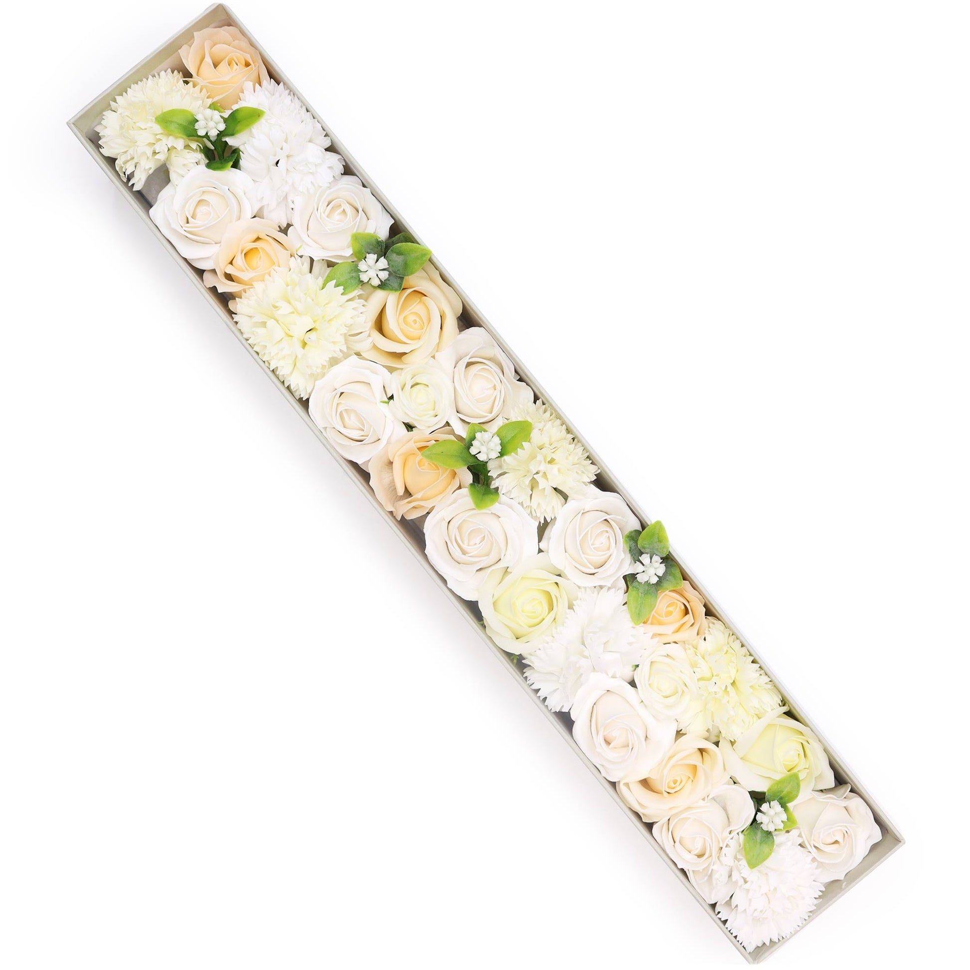 Luxury Soap Flowers - Extra Long - Whites and Ivory, with densely arranged white, ivory and pale-green blooms in a long open box by Quintessential Holistic Health Ltd