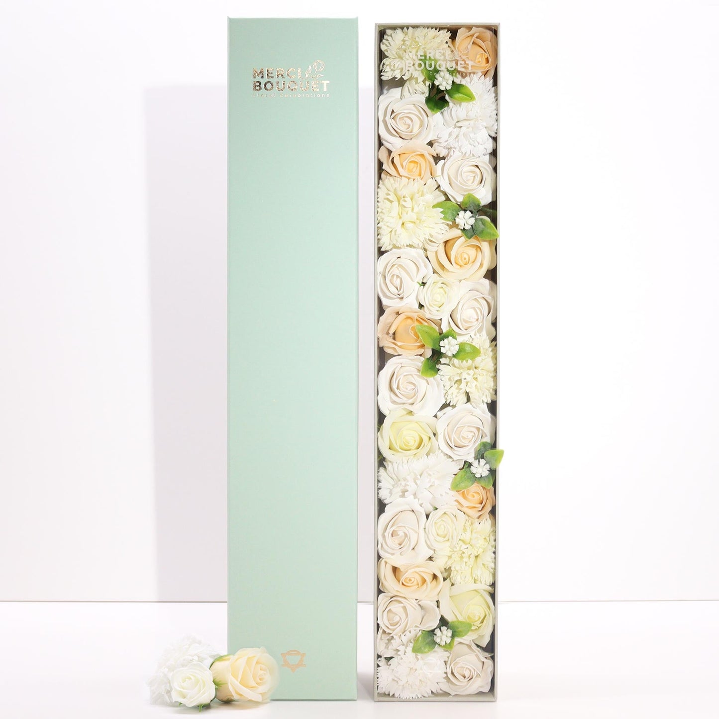 Luxury Soap Flowers - Extra Long - Whites and Ivory, with white and cream blooms beside an upright pale-mint cover by Quintessential Holistic Health Ltd