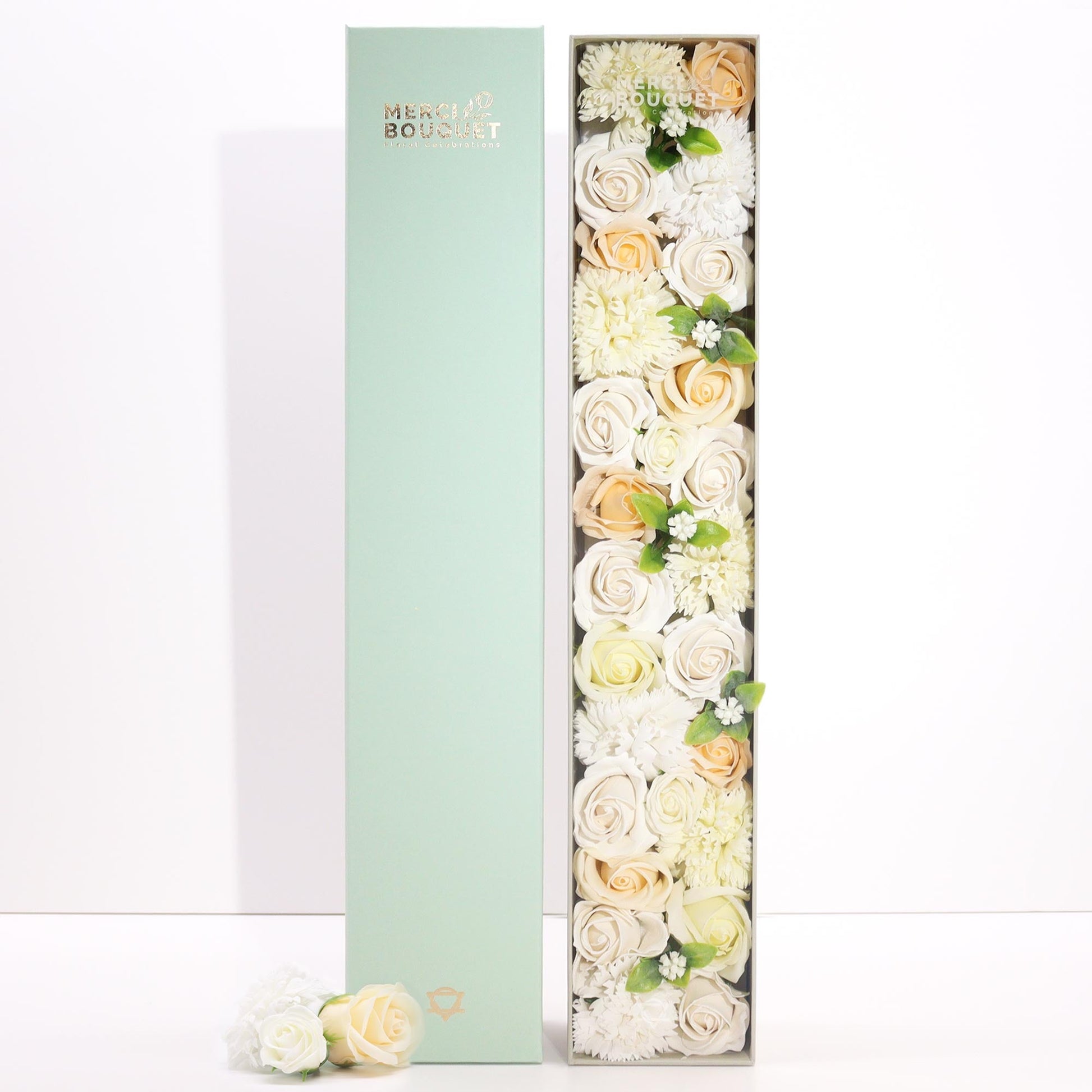 Luxury Soap Flowers - Extra Long - Whites and Ivory, with white and cream blooms beside an upright pale-mint cover by Quintessential Holistic Health Ltd