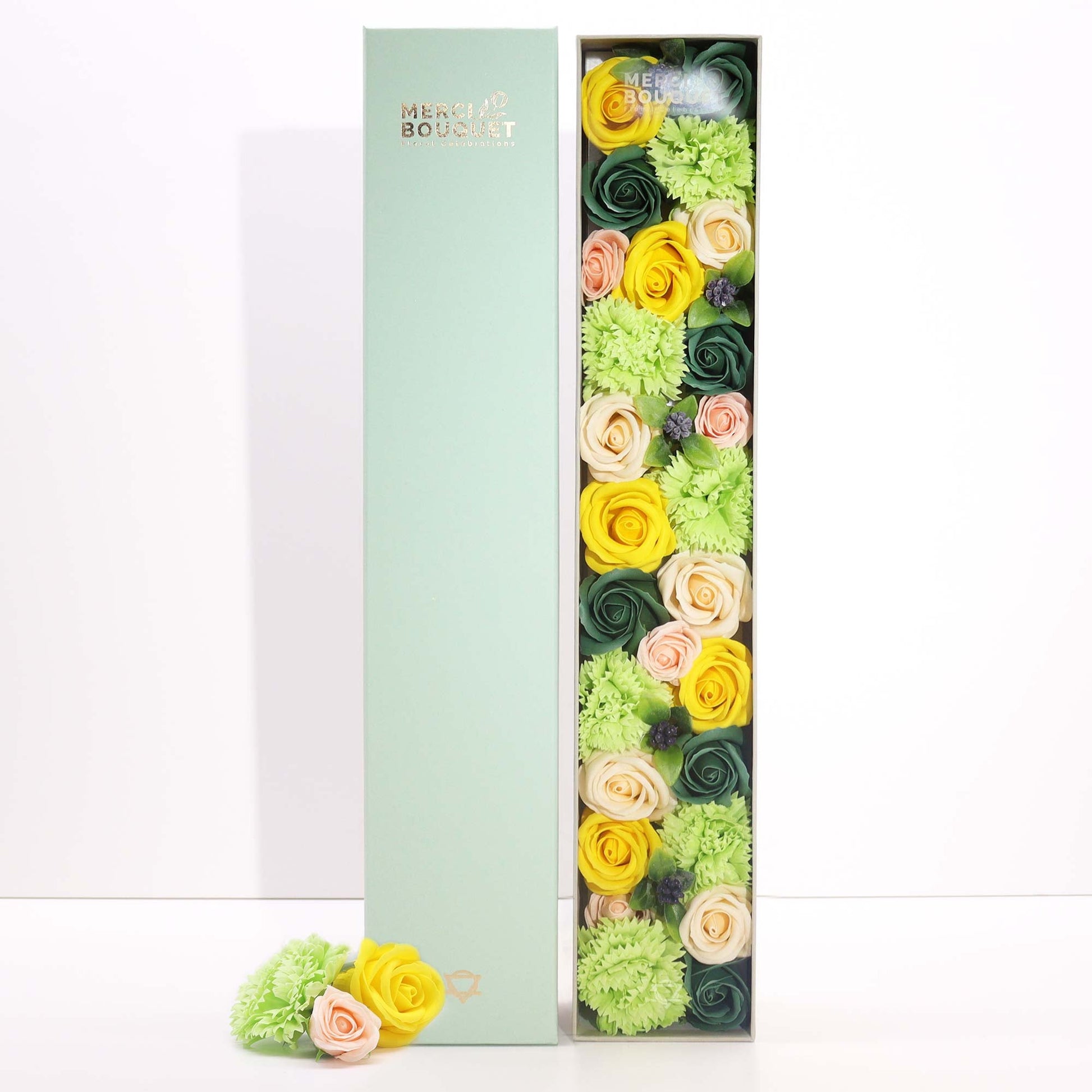 Luxury Soap Flowers - Extra Long / Yellows and Greens product packaging on clean background from Quintessential Holistic Health Ltd