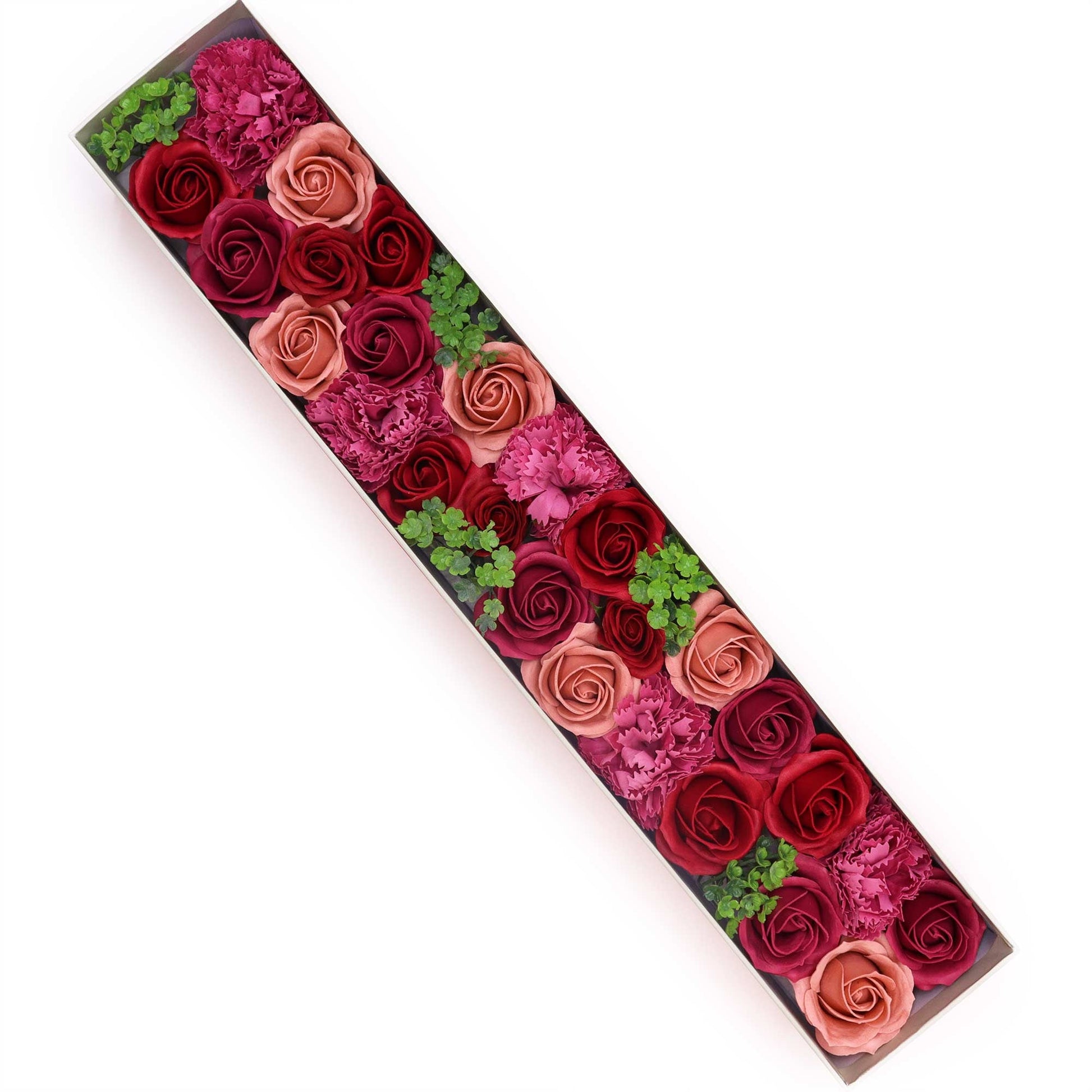 Luxury Soap Flowers - Extra Long - Vintage Reds, with tightly arranged burgundy, muted red and green blooms in a long open box by Quintessential Holistic Health Ltd