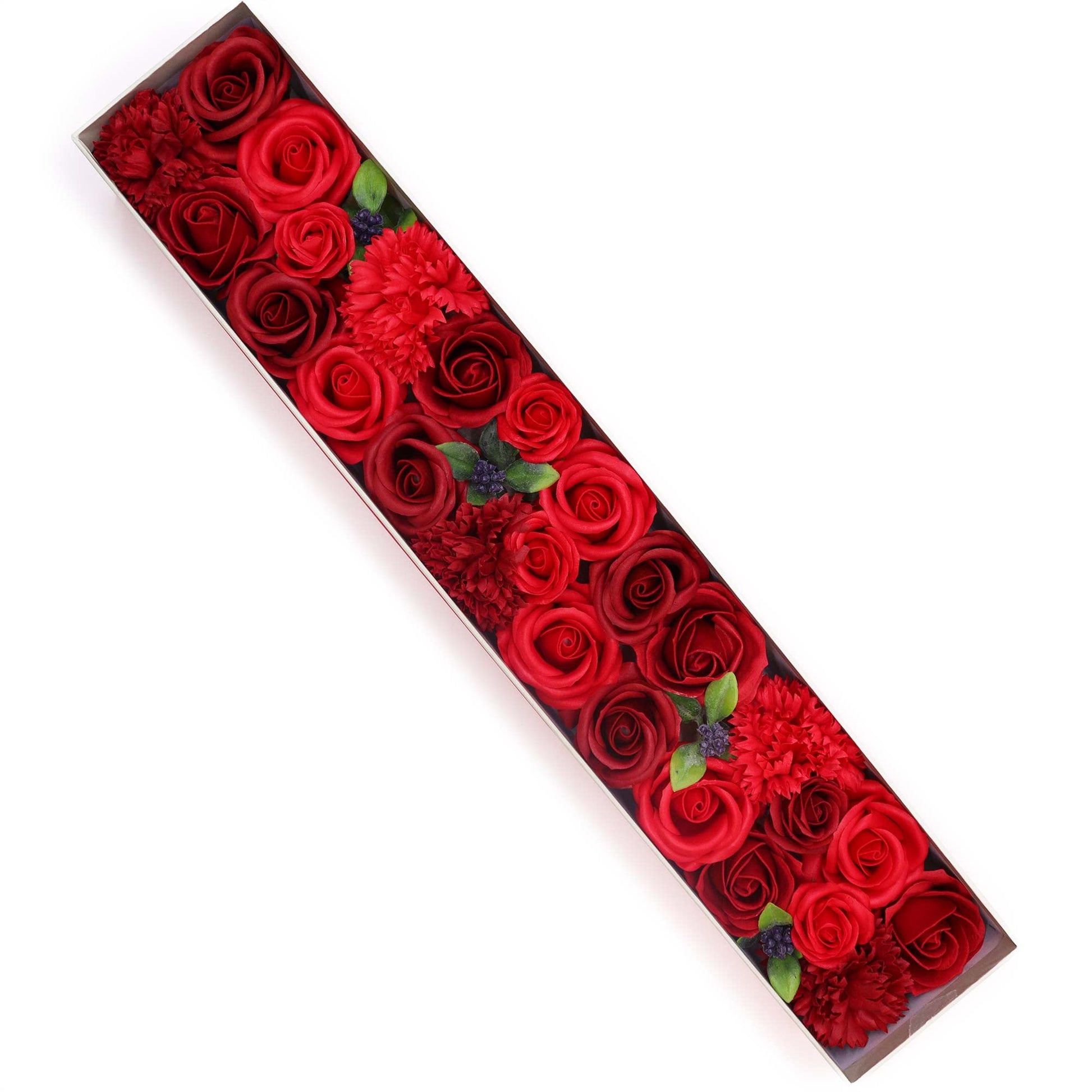 Luxury Soap Flowers - Extra Long - Classic Reds, with densely arranged crimson roses and green leaves in a long open box by Quintessential Holistic Health Ltd