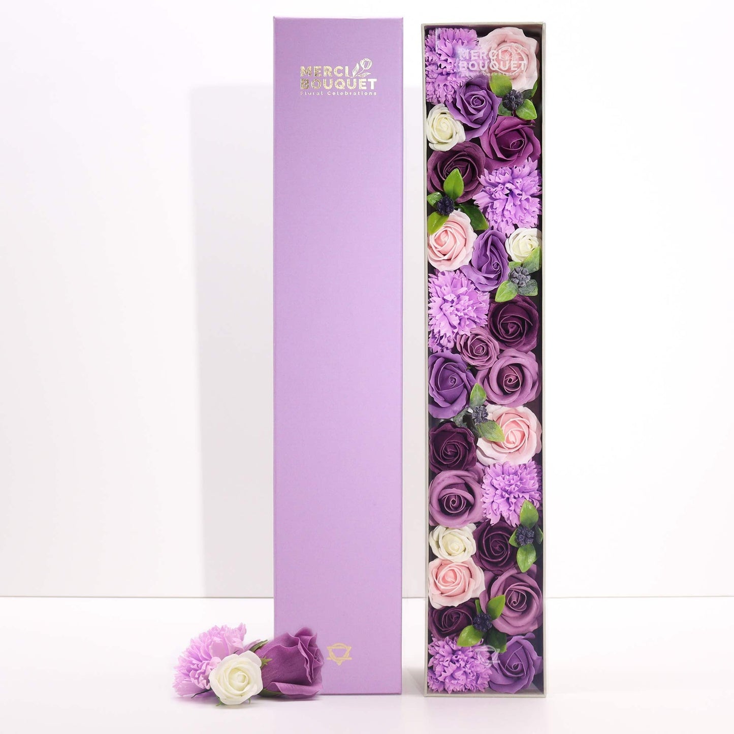 Luxury Soap Flowers - Extra Long - Purples, with purple, lilac, pink and white blooms beside a violet cover, by Quintessential Holistic Health Ltd