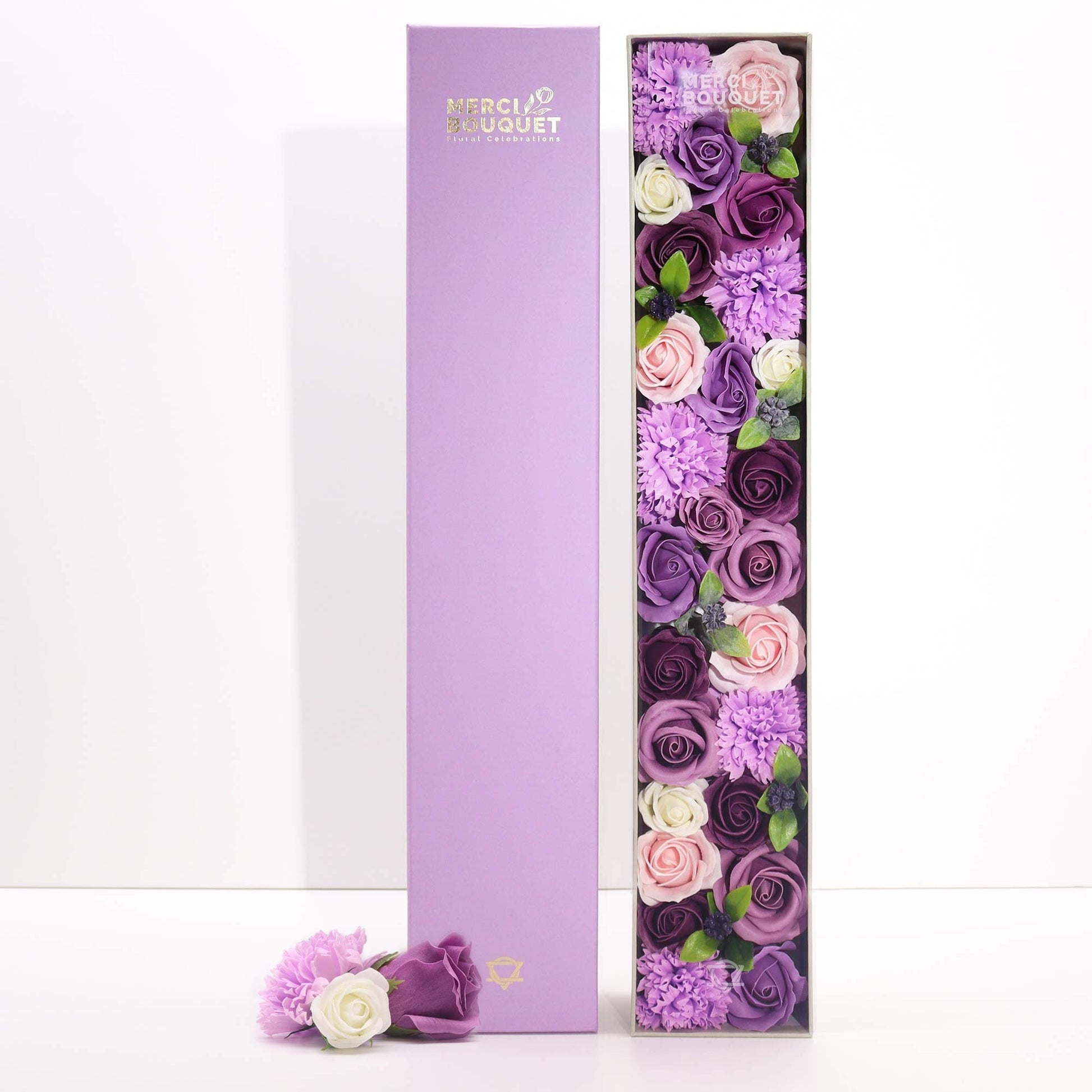 Luxury Soap Flowers - Extra Long - Purples, with purple, lilac, pink and white blooms beside a violet cover, by Quintessential Holistic Health Ltd
