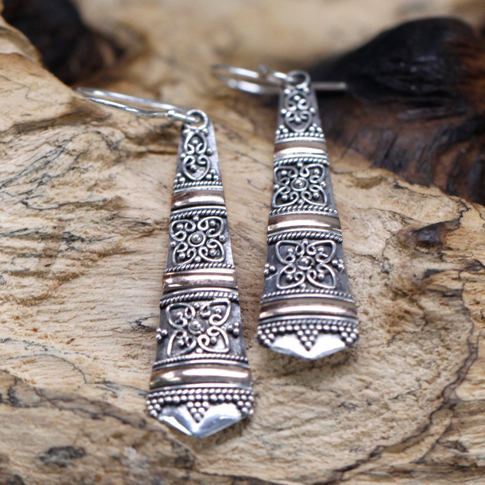 Handmade 18k Gold and 925 Silver Earrings - Tribal Drops product packaging on clean background from Quintessential Holistic Health Ltd