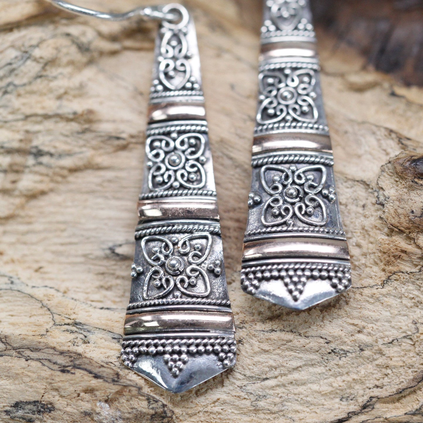 Handmade 18k Gold and 925 Silver Earrings - Tribal Drops product packaging on clean background from Quintessential Holistic Health Ltd