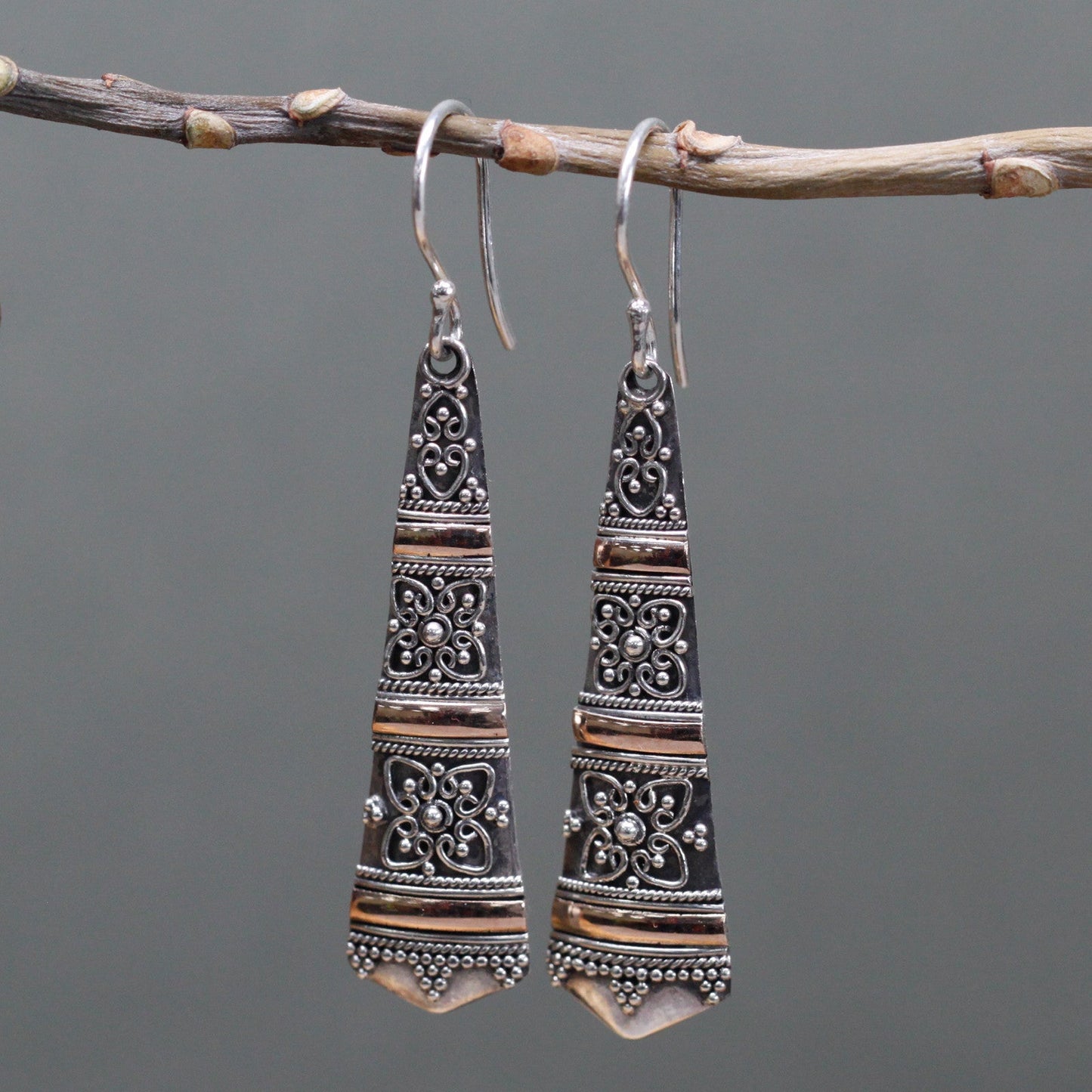 Handmade 18k Gold and 925 Silver Earrings - Tribal Drops product packaging on clean background from Quintessential Holistic Health Ltd