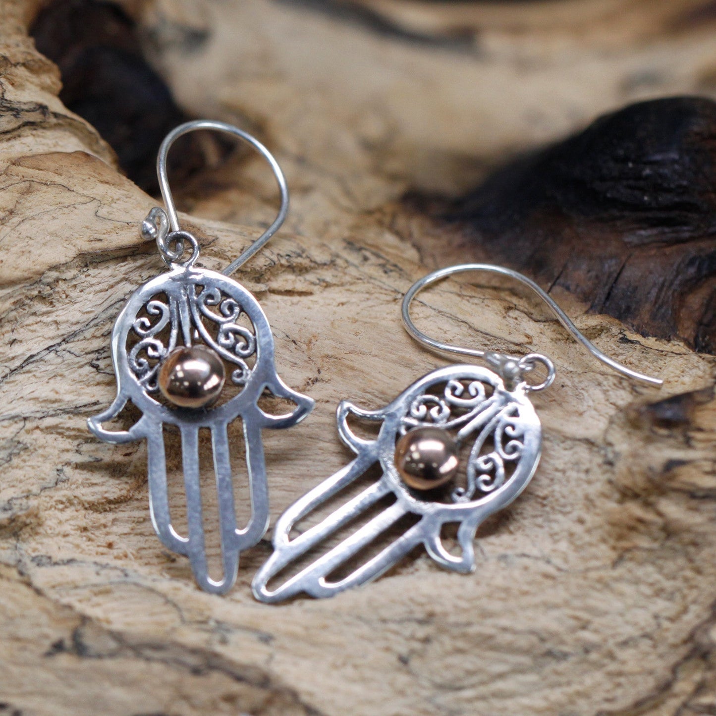 Handmade 18k Gold and 925 Silver Earrings - Hamsa product packaging on clean background from Quintessential Holistic Health Ltd