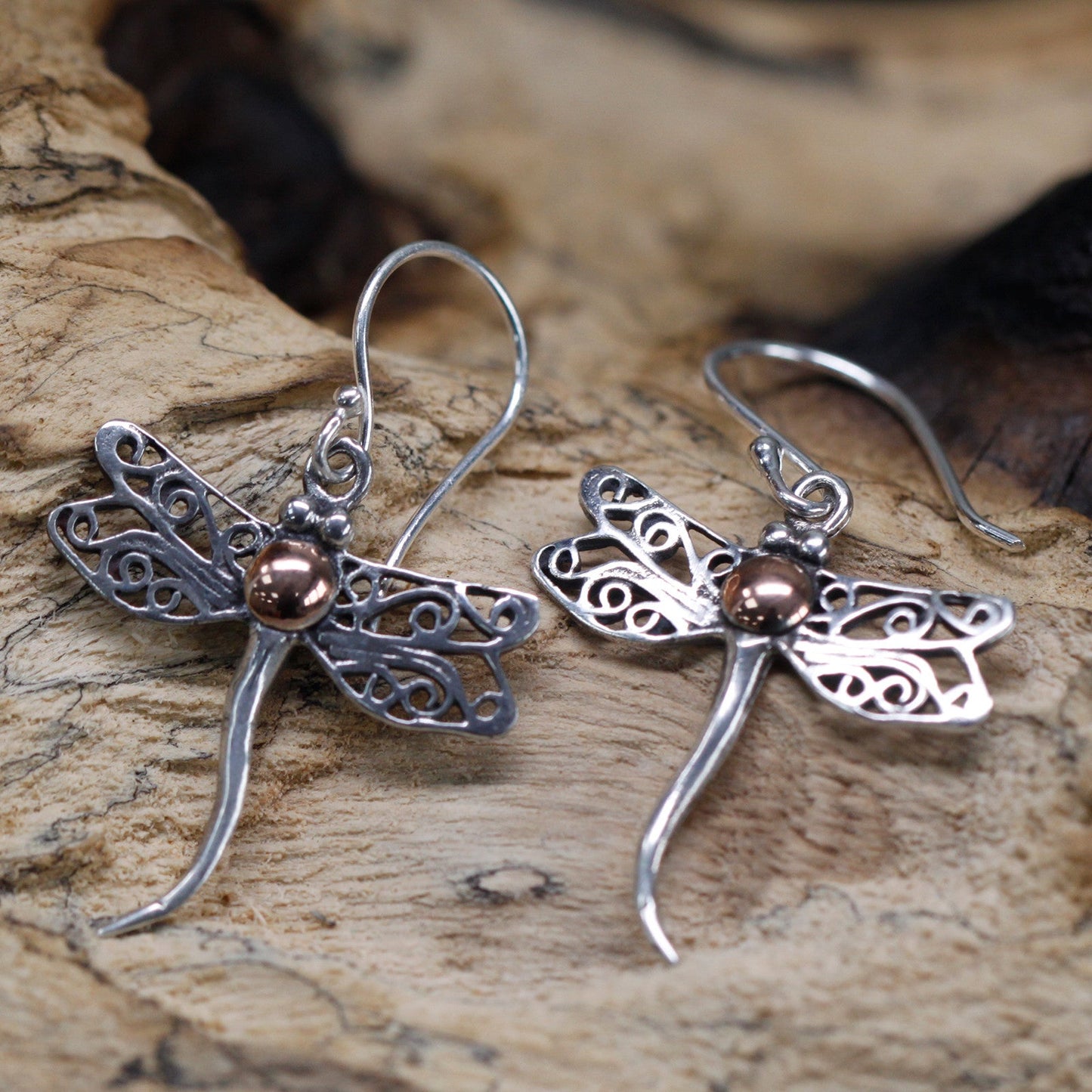 Handmade 18k Gold and 925 Silver Earrings - Dragonflies product packaging on clean background from Quintessential Holistic Health Ltd