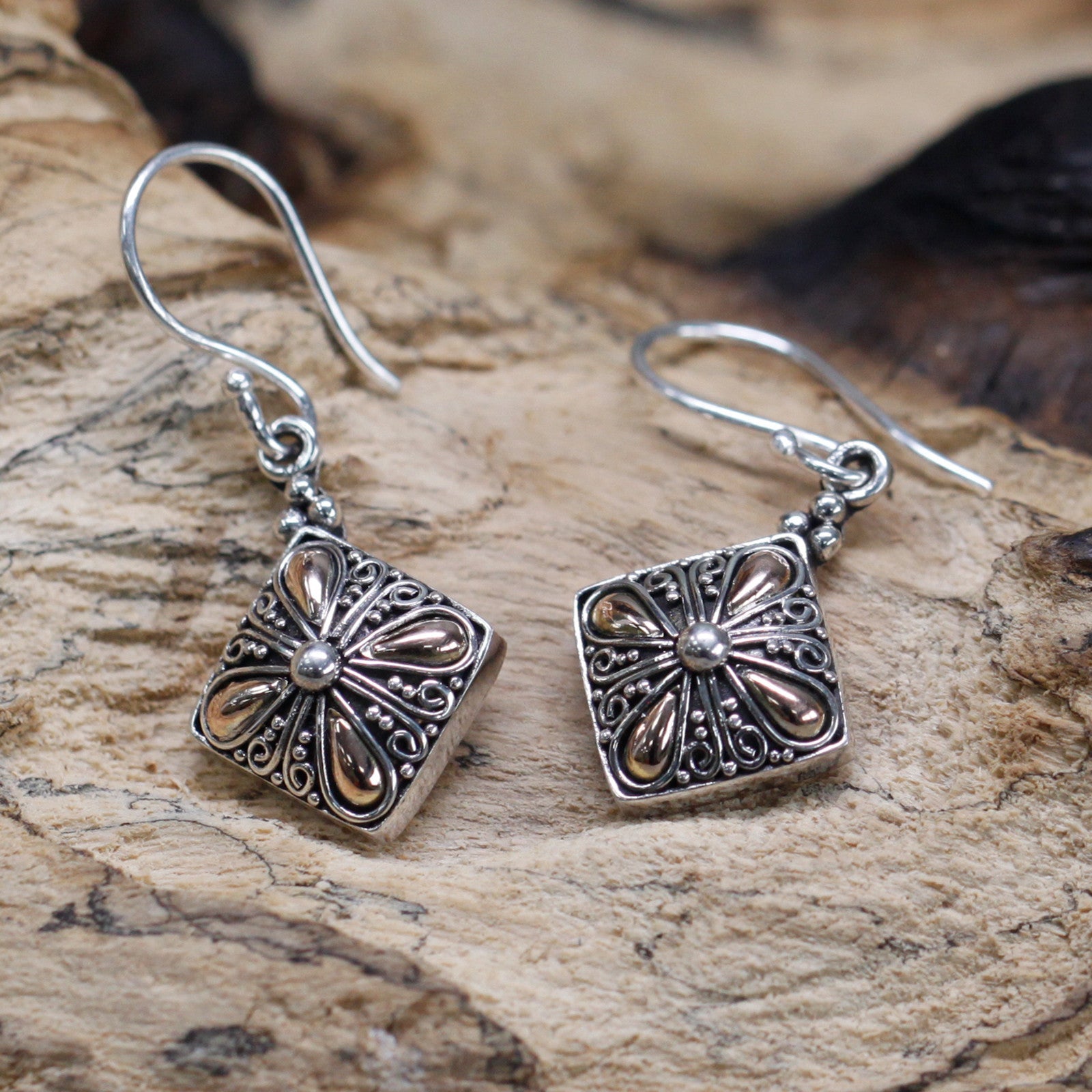 Handmade 18k Gold and 925 Silver Earrings - Square Drop product packaging on clean background from Quintessential Holistic Health Ltd