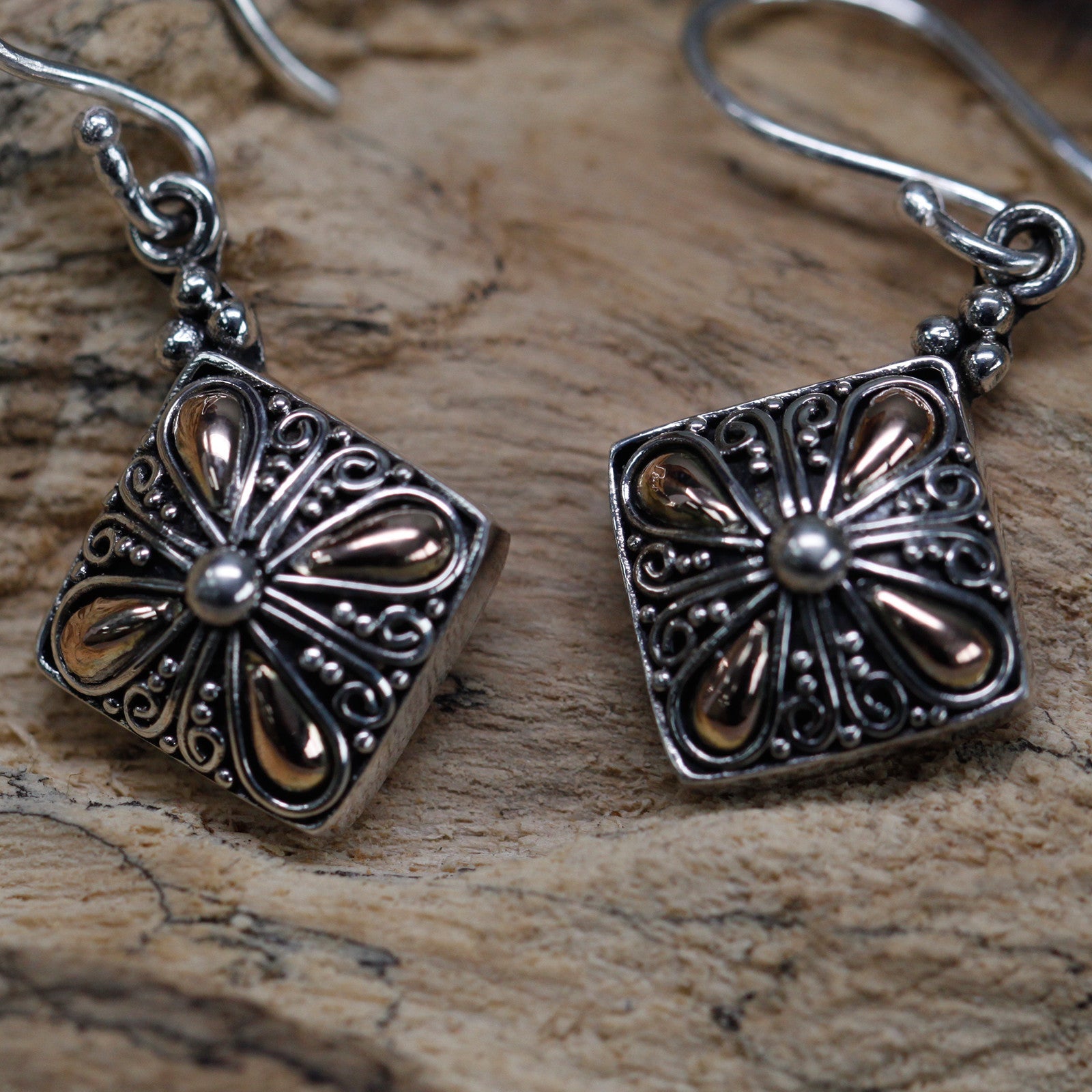 Handmade 18k Gold and 925 Silver Earrings - Square Drop product packaging on clean background from Quintessential Holistic Health Ltd