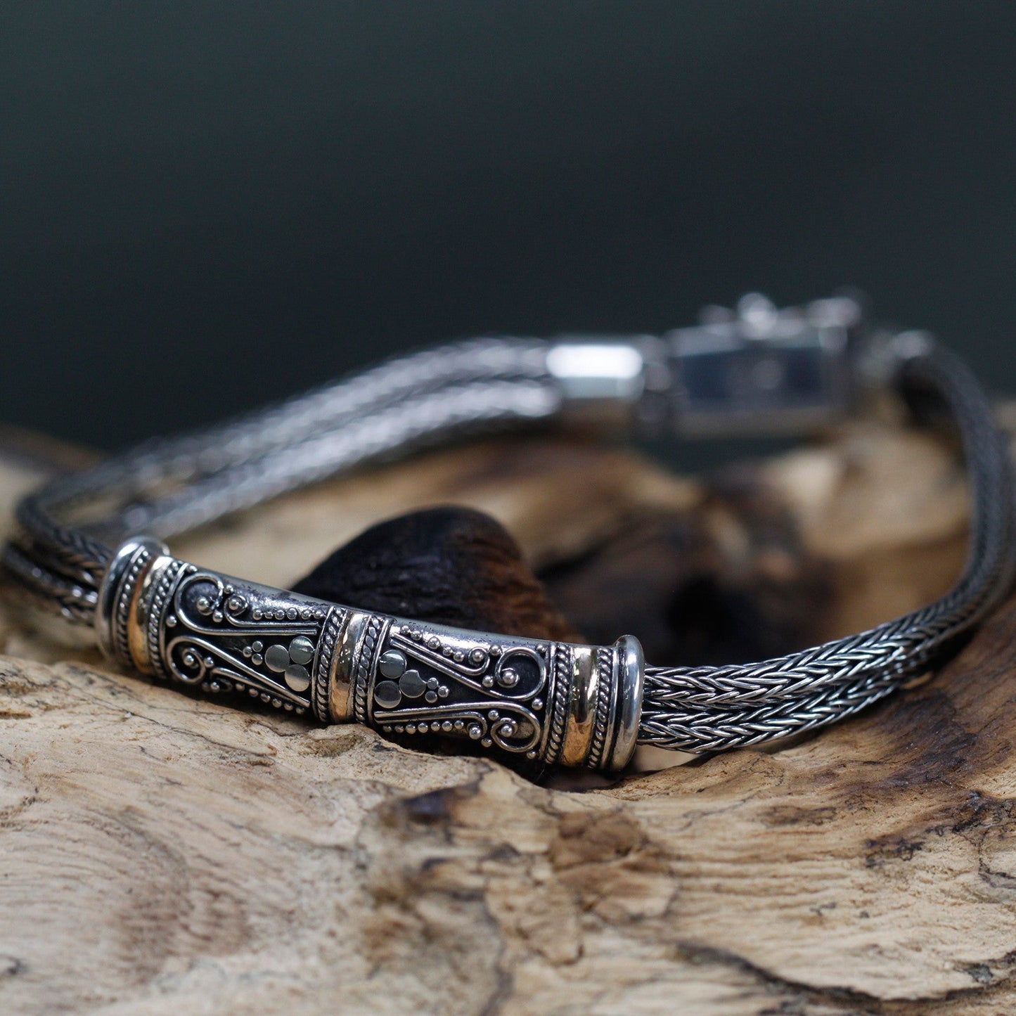 Handmade Unisex 18k Gold and 925 Silver Bracelet - Twin Chain product packaging on clean background from Quintessential Holistic Health Ltd