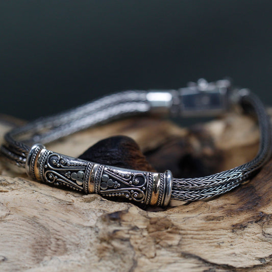 Handmade Unisex 18k Gold and 925 Silver Bracelet - Twin Chain product packaging on clean background from Quintessential Holistic Health Ltd