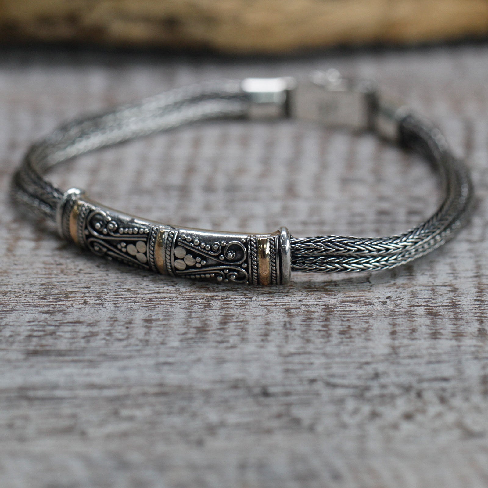 Handmade Unisex 18k Gold and 925 Silver Bracelet - Twin Chain product packaging on clean background from Quintessential Holistic Health Ltd