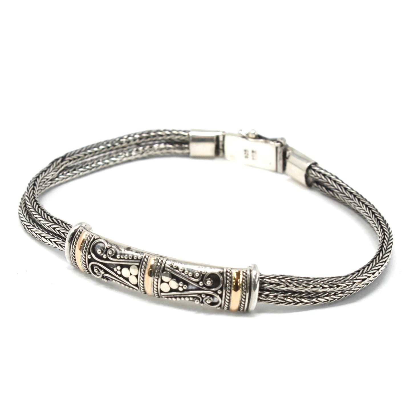 Handmade Unisex 18k Gold and 925 Silver Bracelet - Twin Chain product packaging on clean background from Quintessential Holistic Health Ltd