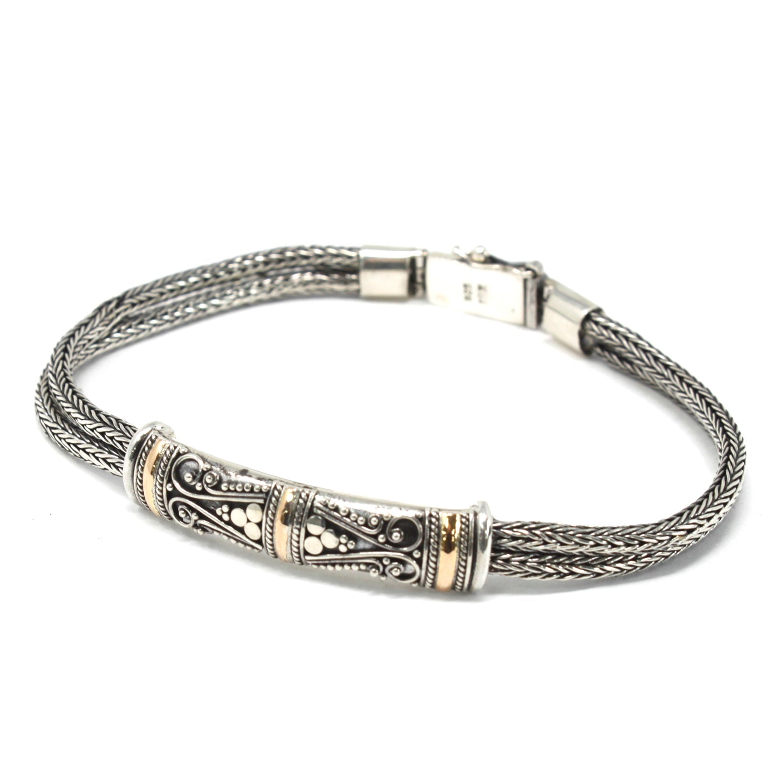 Handmade Unisex 18k Gold and 925 Silver Bracelet - Twin Chain product packaging on clean background from Quintessential Holistic Health Ltd