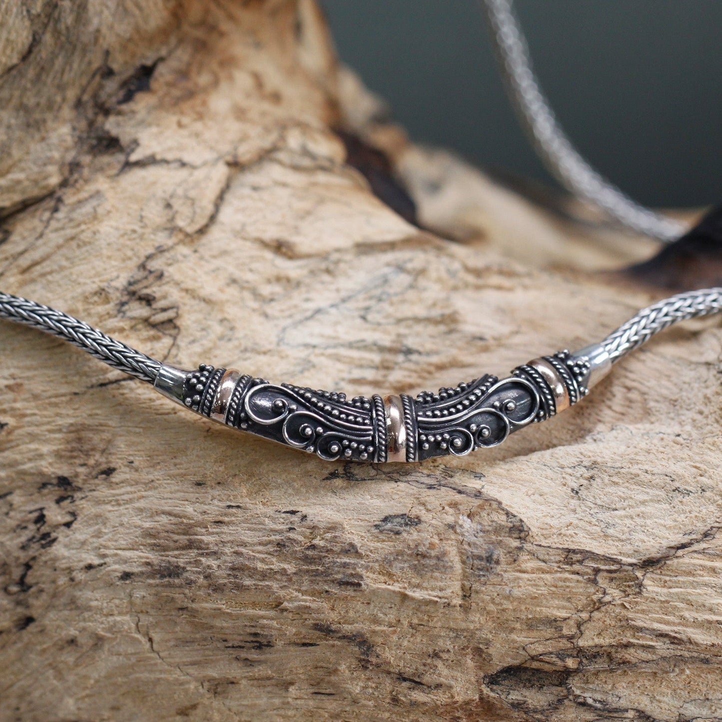 Handmade 18k Gold and 925 Silver Necklace - Tribal product packaging on clean background from Quintessential Holistic Health Ltd