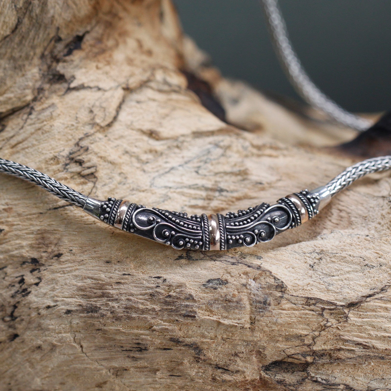 Handmade 18k Gold and 925 Silver Necklace - Tribal product packaging on clean background from Quintessential Holistic Health Ltd