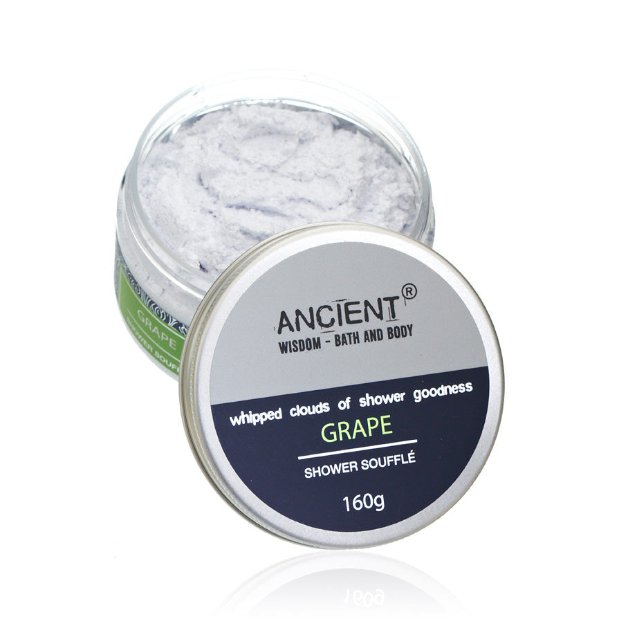 Mild Cleansing Shower Soufflé Foam - 160g - Grape, open jar of pale whipped product with its labelled lid in front, by Quintessential Holistic Health Ltd