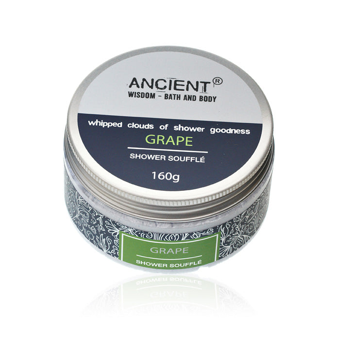 Mild Cleansing Shower Soufflé Foam - 160g - Grape, closed round jar with silver lid and green Grape label, by Quintessential Holistic Health Ltd