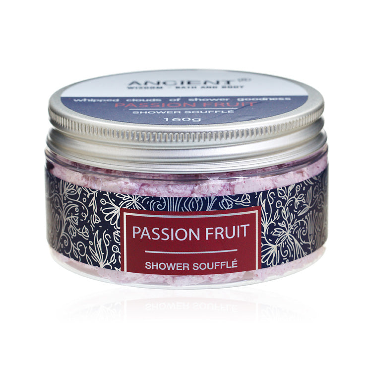 Mild Cleansing Shower Soufflé Foam - 160g - Passion Fruit, closed low jar with patterned wrap and burgundy centre panel, by Quintessential Holistic Health Ltd