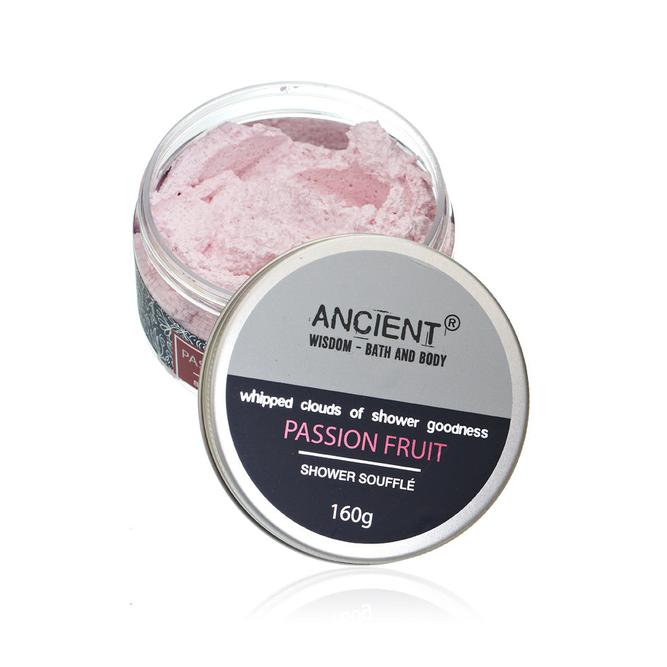Mild Cleansing Shower Soufflé Foam - 160g - Passion Fruit, open jar of pink whipped product with its labelled lid in front, by Quintessential Holistic Health Ltd
